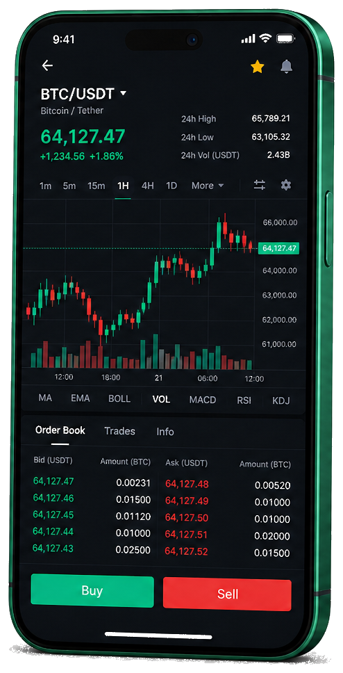 Interface mobile de trading Nera Capital — prix BTC/USDT en direct, carnet d’ordres et outils de passage d’ordres